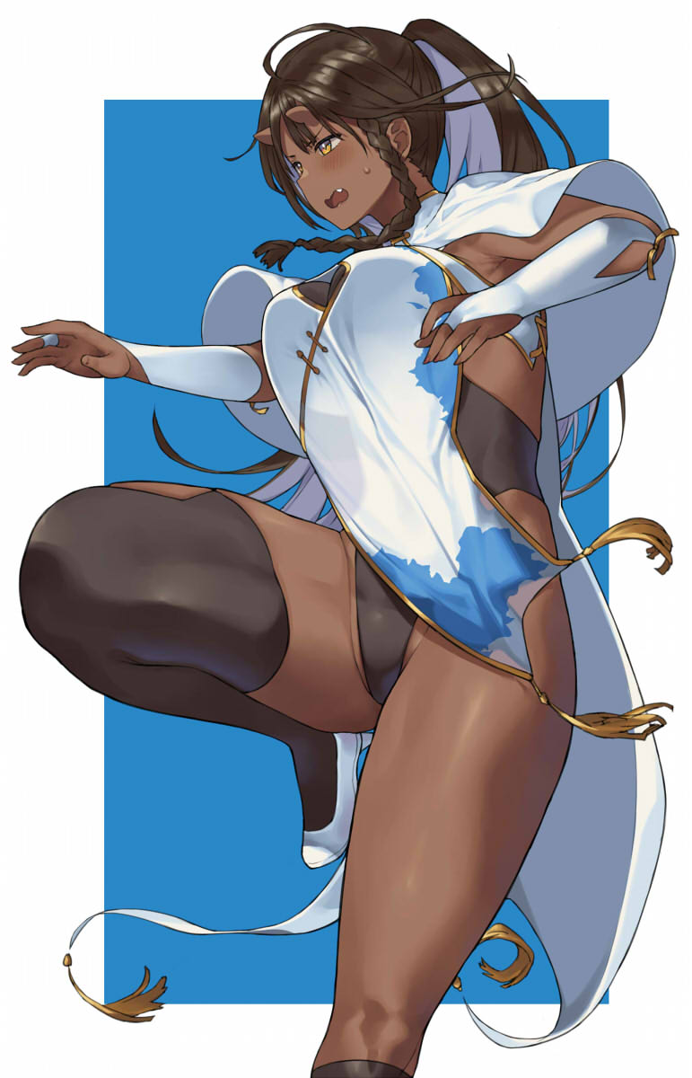 1girl ahoge armpit_crease asymmetrical_legwear black_legwear black_leotard blue_background blush border braid breasts bridal_gauntlets brown_hair cape capelet character_request china_dress chinese_clothes colored_inner_hair commentary_request copyright_request dark-skinned_female dark_skin dress fang fingernails groin hai_ookami high_heels highres horns kneehighs knees leotard long_fingernails long_hair multicolored_hair nail_polish oni_horns open_mouth outside_border side_braids simple_background skirt socks solo standing standing_on_one_leg sweatdrop thighhighs thighs v-shaped_eyebrows very_dark_skin white_border white_footwear yellow_eyes