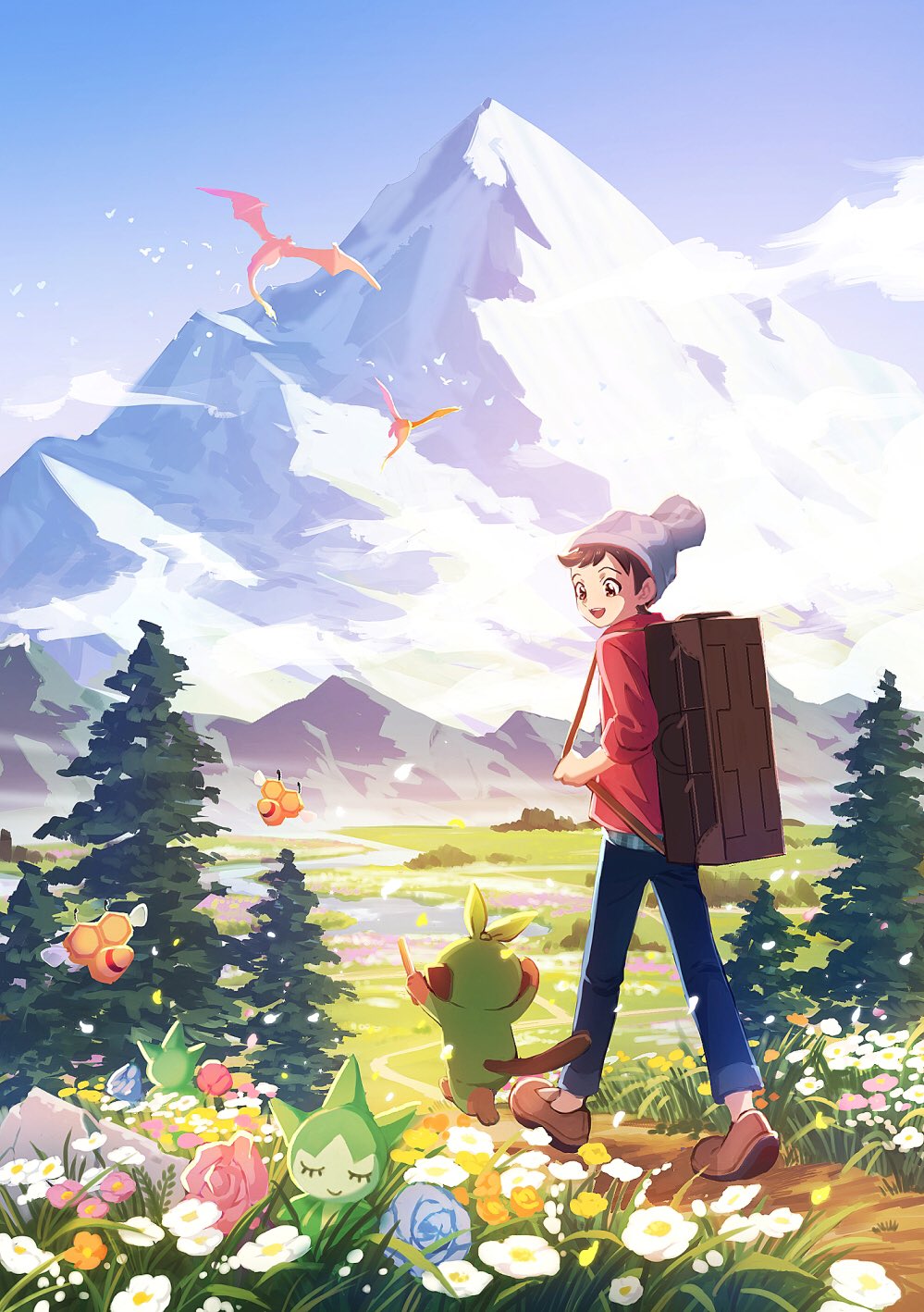 1boy :d amakara000 beanie brown_eyes brown_footwear brown_hair cable_knit charizard combee day flower grass grey_headwear grookey hat highres holding_strap looking_down male_focus mountain open_mouth outdoors path pokemon pokemon_(creature) pokemon_(game) pokemon_swsh red_shirt rock roselia shirt shoes sky sleeves_rolled_up smile standing suitcase symbol-only_commentary teeth tongue tree upper_teeth victor_(pokemon) water