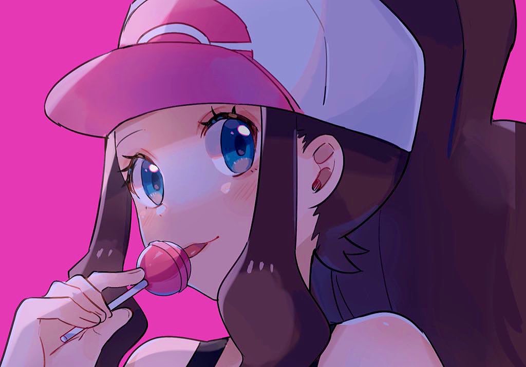 1girl bare_shoulders baseball_cap black_vest blue_eyes blush brown_hair candy eating eyelashes food hand_up hat high_ponytail hilda_(pokemon) holding holding_candy holding_food holding_lollipop licking lollipop long_hair looking_to_the_side pink_background pink_headwear pokemon pokemon_(game) pokemon_bw ririmon sidelocks simple_background solo tongue tongue_out two-tone_headwear upper_body vest white_headwear