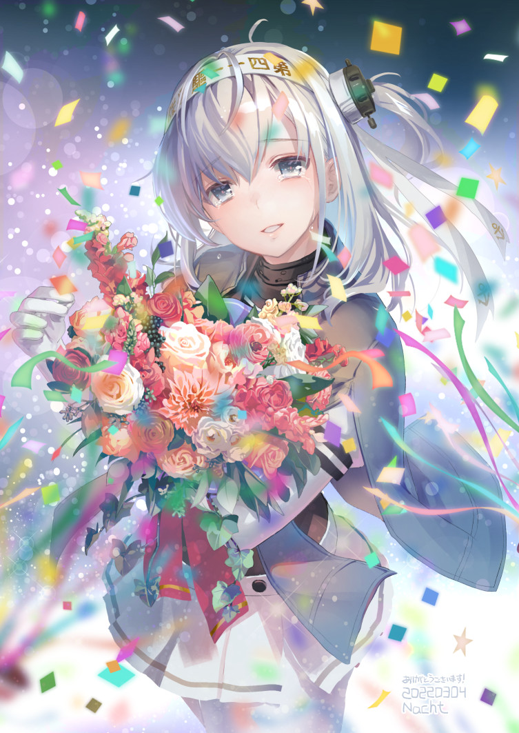 1girl artist_name banned_artist blush bodysuit bouquet clothes_writing commission cowboy_shot crying crying_with_eyes_open dated flower grey_eyes hachimaki hair_between_eyes headband holding holding_bouquet kantai_collection long_hair nacht one_side_up open_mouth orange_flower orange_rose pink_flower pleated_skirt puffy_short_sleeves puffy_sleeves red_flower red_rose rose school_uniform serafuku short_sleeves silver_hair skeb_commission skirt smile solo suzutsuki_(kancolle) tears white_bodysuit white_flower white_headband white_rose white_skirt yellow_flower yellow_rose