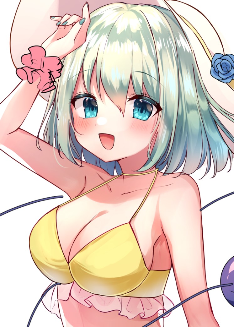 1girl arm_up bangs bare_shoulders bikini blue_eyes blue_flower blue_rose bra breasts collarbone commentary_request eyebrows_visible_through_hair eyes_visible_through_hair fingernails flower frills green_hair green_nails hair_between_eyes hand_up hat hat_flower hat_ornament hat_ribbon komeiji_koishi long_fingernails looking_to_the_side medium_breasts moshihimechan nail_polish open_mouth ribbon rose short_hair simple_background smile solo swimsuit third_eye touhou underwear upper_body white_background white_headwear wrist_cuffs yellow_bikini yellow_bra yellow_ribbon