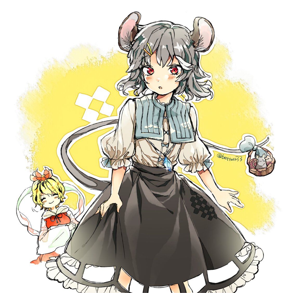 2girls adapted_costume animal_ears bangs basket black_hair black_skirt blonde_hair closed_eyes commentary_request cowboy_shot grey_hair hair_ornament hairclip holding jewelry long_sleeves mouse mouse_ears mouse_tail multicolored_hair multiple_girls nazrin pendant red_eyes ryuuta_(akatukiryoka) shirt short_hair short_sleeves skirt skirt_hold smile sparkle streaked_hair tail toramaru_shou touhou twitter_username two-tone_hair white_background white_shirt yellow_background