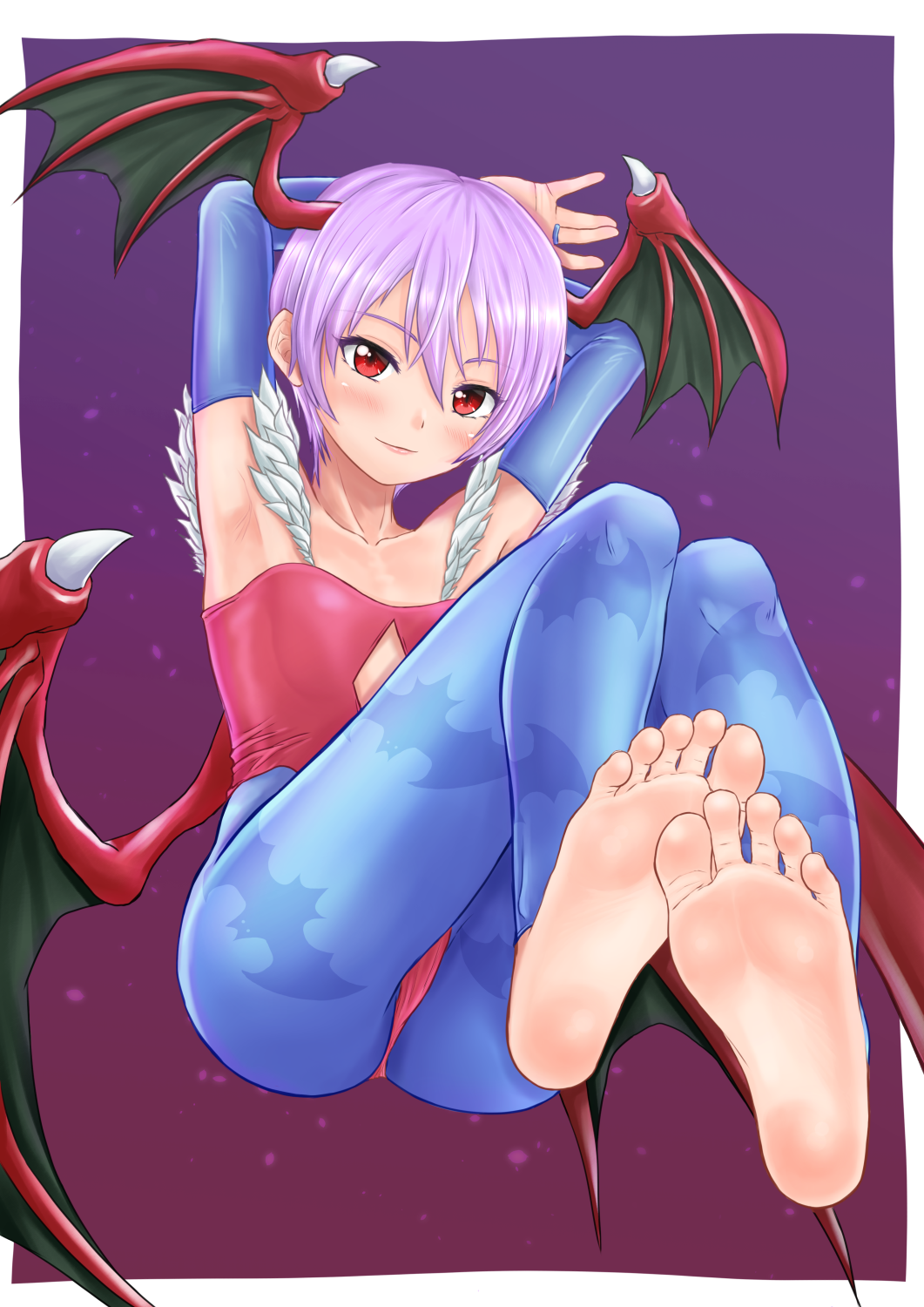 animal_print armpits arms_up ass barefoot bat_print bat_wings blue_legwear blush bridal_gauntlets collarbone flat_chest floating full_body hair_between_eyes head_wings highres hinosaki leotard lilith_aensland looking_at_viewer print_legwear purple_hair red_eyes red_leotard short_hair smile soles vampire_(game) wings