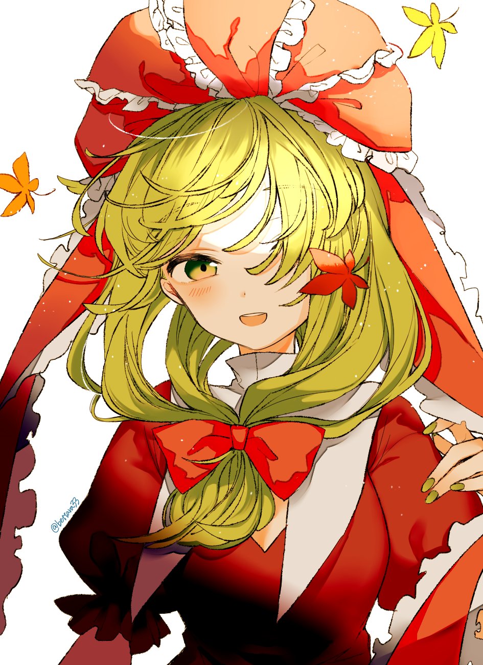 1girl autumn_leaves bangs bow commentary_request dress falling_leaves front_ponytail green_eyes green_hair green_nails hair_bow hair_over_one_eye highres kagiyama_hina leaf looking_at_viewer open_mouth red_bow red_dress red_ribbon ribbon ryuuta_(akatukiryoka) short_sleeves simple_background smile solo teeth touhou twitter_username upper_body upper_teeth white_background