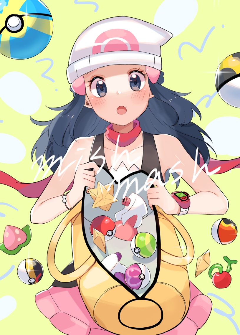 1girl :o ? bag beanie berry_(pokemon) black_hair black_shirt blush bracelet commentary_request duffel_bag eyelashes glint grey_eyes hair_ornament hairclip hat hikari_(pokemon) holding holding_bag jewelry level_ball long_hair looking_at_viewer love_ball max_revive nest_ball open_bag open_mouth pink_skirt poke_ball poke_ball_(basic) poke_ball_print pokemon pokemon_(game) pokemon_dppt poketch potion_(pokemon) quick_ball red_scarf repeat_ball revive_(pokemon) ririmon scarf shirt skirt sleeveless sleeveless_shirt solo tongue ultra_ball watch watch white_headwear yellow_bag