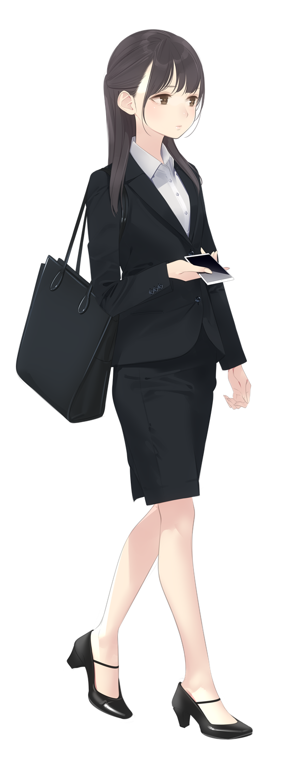 1girl ama_mitsuki arm_at_side bag bangs black_bag black_footwear black_hair black_jacket black_skirt brown_eyes business_suit buttons carrying_bag cellphone closed_mouth collared_shirt commentary_request dress_shirt expressionless formal full_body handbag high_heels highres holding holding_phone jacket long_hair long_sleeves looking_afar multicolored_hair office_lady original pencil_skirt phone reward_available shirt shoes simple_background skirt smartphone solo standing streaked_hair suit suit_jacket walking white_background white_shirt