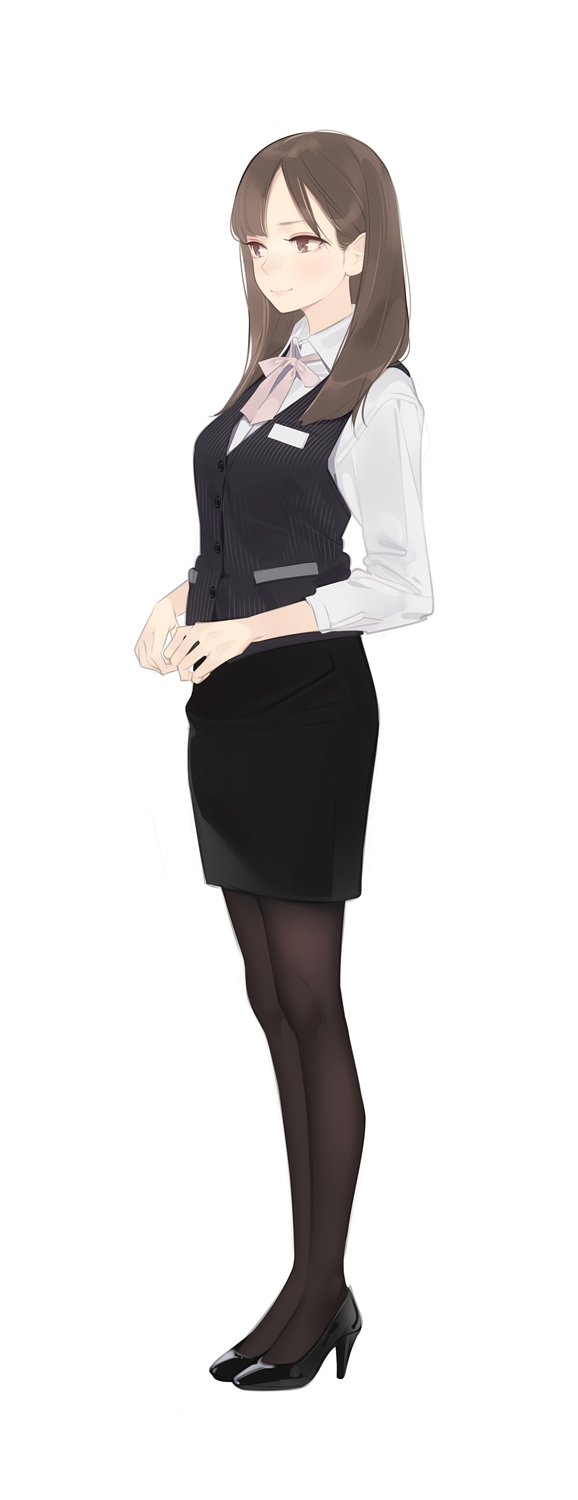 1girl ama_mitsuki bangs black_footwear black_legwear black_skirt black_vest breasts brown_eyes brown_hair closed_mouth collared_shirt commentary_request dress_shirt formal from_side full_body high_heels highres long_hair long_sleeves looking_afar medium_breasts neck_ribbon office_lady original own_hands_together pantyhose pencil_skirt pink_ribbon pocket reward_available ribbon shirt shoes simple_background skirt smile solo standing straight_hair striped striped_vest uniform vertical-striped_vest vertical_stripes vest white_background white_shirt wing_collar