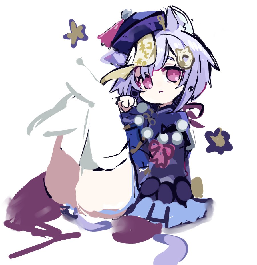 1girl animal_ear_fluff animal_ears bangs bead_necklace beads blue_dress blue_headwear cat_ears cat_hair_ornament cat_tail commentary cropped_legs dress frilled_sleeves frills genshin_impact hair_ornament hat jewelry kemonomimi_mode legs_up long_sleeves looking_at_viewer necklace ofuda paw_pose pink_eyes purple_hair qing_guanmao qiqi_(genshin_impact) sidelocks sketch solo sukima_(crie) symbol-only_commentary tail