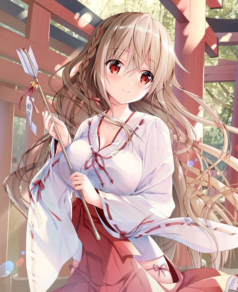 arrow_(projectile) bangs blonde_hair braid breasts collarbone copyright_request forest hanahanamaki japanese_clothes large_breasts leaf long_hair nature outdoors panties red_eyes side_braid sitting smile sousouman string_panties summer sunlight tree underwear wavy_hair