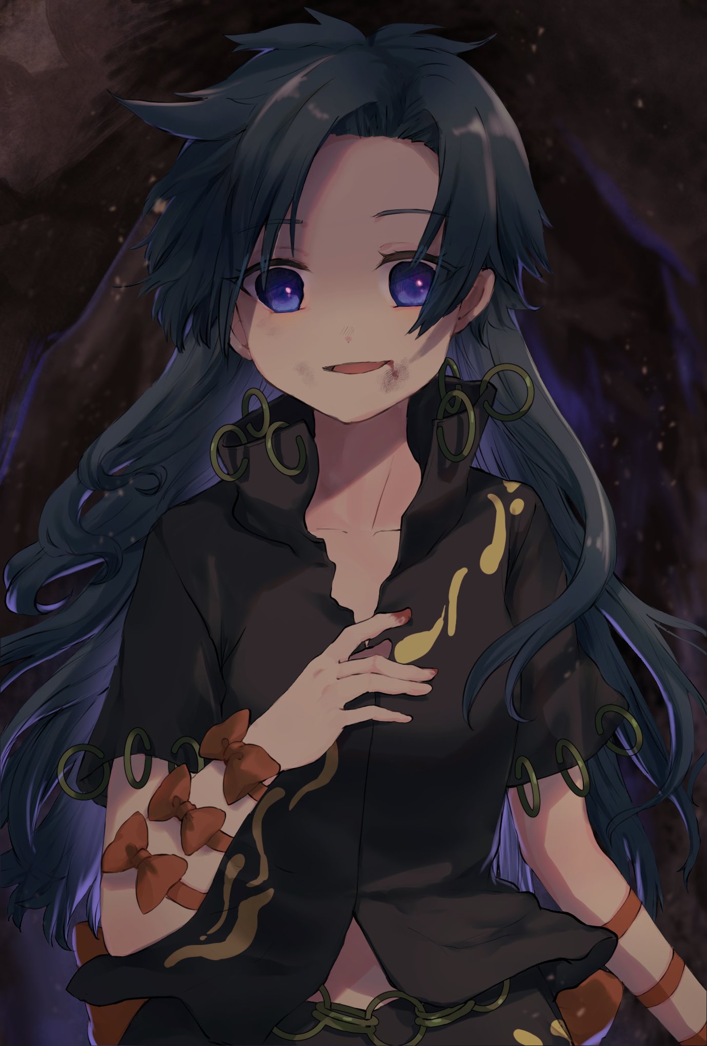 1girl arm_ribbon arm_strap blue_eyes blue_hair bow breasts cave chain_belt collared_shirt commentary_request dirty empty_eyes eyebrows_visible_through_hair forehead grey_shirt grey_skirt hand_on_own_chest highres himemushi_momoyo jewelry long_hair looking_at_viewer messy_hair midriff_peek open_mouth orange_bow orange_ribbon partially_unbuttoned ribbon ring shirt short_sleeves shukinuko skirt skirt_set small_breasts solo touhou very_long_hair