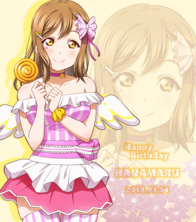 1girl anibache bangs birthday blush breasts brown_hair candy character_name choker collarbone commentary dated english_text eyebrows_visible_through_hair facial_tattoo food hair_ribbon happy_birthday kunikida_hanamaru large_breasts lollipop long_hair looking_at_viewer love_live! love_live!_sunshine!! ribbon scrunchie sidelocks smile solo star_tattoo striped striped_legwear tattoo thigh-highs wings wrist_scrunchie yellow_background yellow_scrunchie