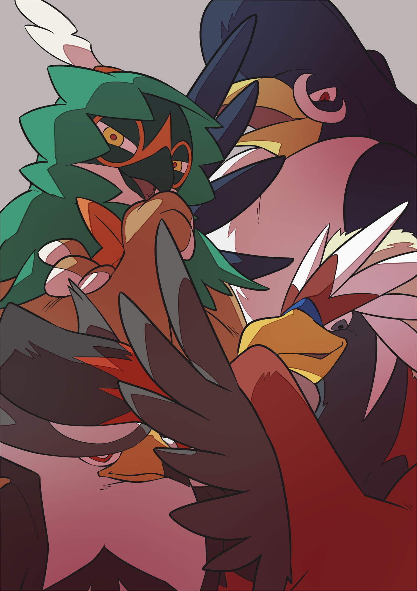 animal_focus beak bird braviary bright_pupils closed_mouth commentary decidueye highres honchkrow looking_at_viewer no_humans open_mouth pkpokopoko3 pokemon pokemon_(creature) red_eyes red_pupils smile staraptor white_pupils yellow_eyes