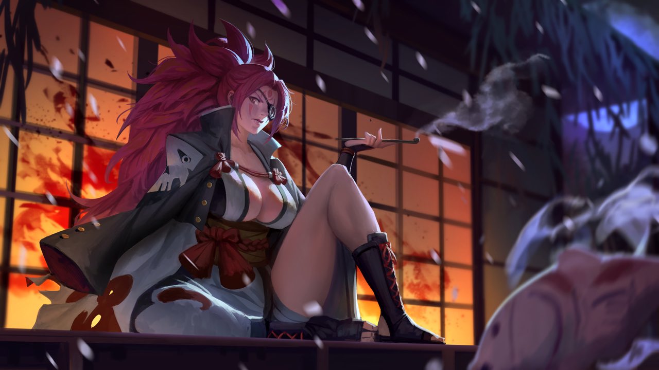 1girl animal baiken bangs black_jacket blood breasts cherry_blossoms facial_mark fish guilty_gear guilty_gear_strive guilty_gear_xrd house jacket jacket_on_shoulders japanese_clothes kimono koi large_breasts long_hair looking_at_viewer moon night night_sky open_clothes open_kimono petals phamoz pink_hair pipe redhead sandals sash scar scar_across_eye scar_on_face sitting skull_print sky smoke solo thighs tied_hair water
