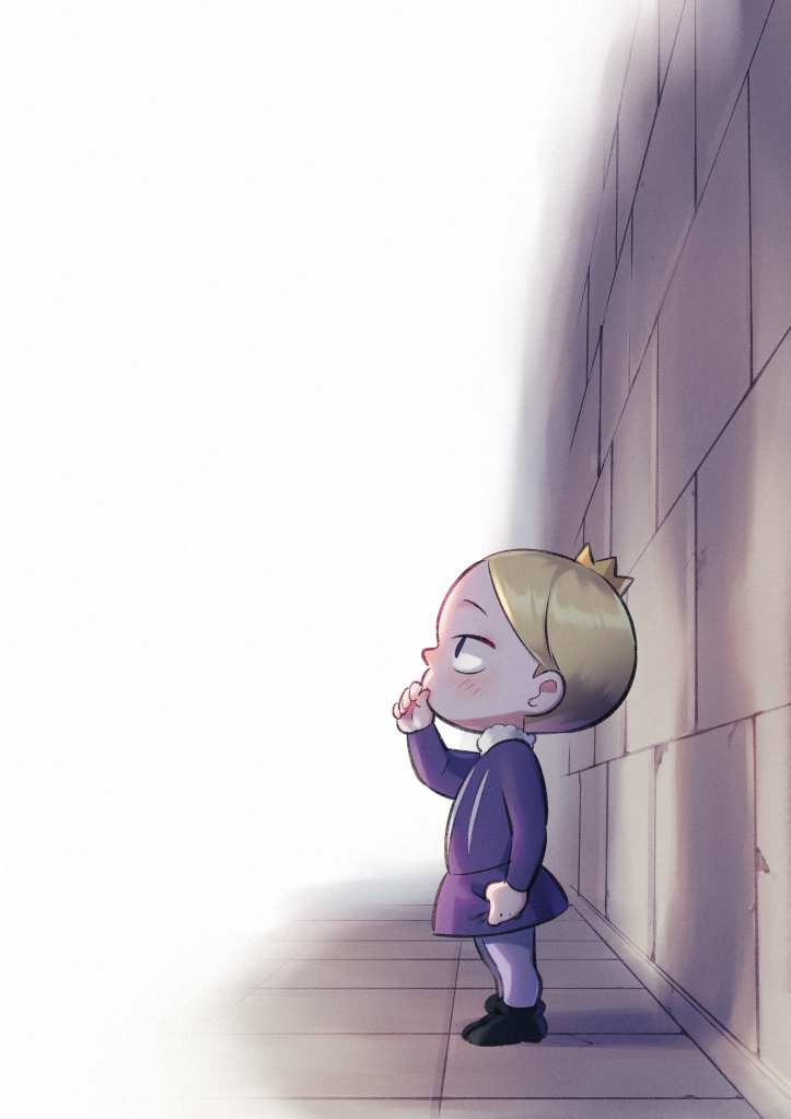 1boy black_footwear blonde_hair blush child commentary_request crown daida from_side full_body long_sleeves male_focus mini_crown nikomi_(nikomix) ousama_ranking pants purple_shirt shiny shiny_hair shirt shoes short_hair solo standing stone_wall thumb_sucking wall white_background younger