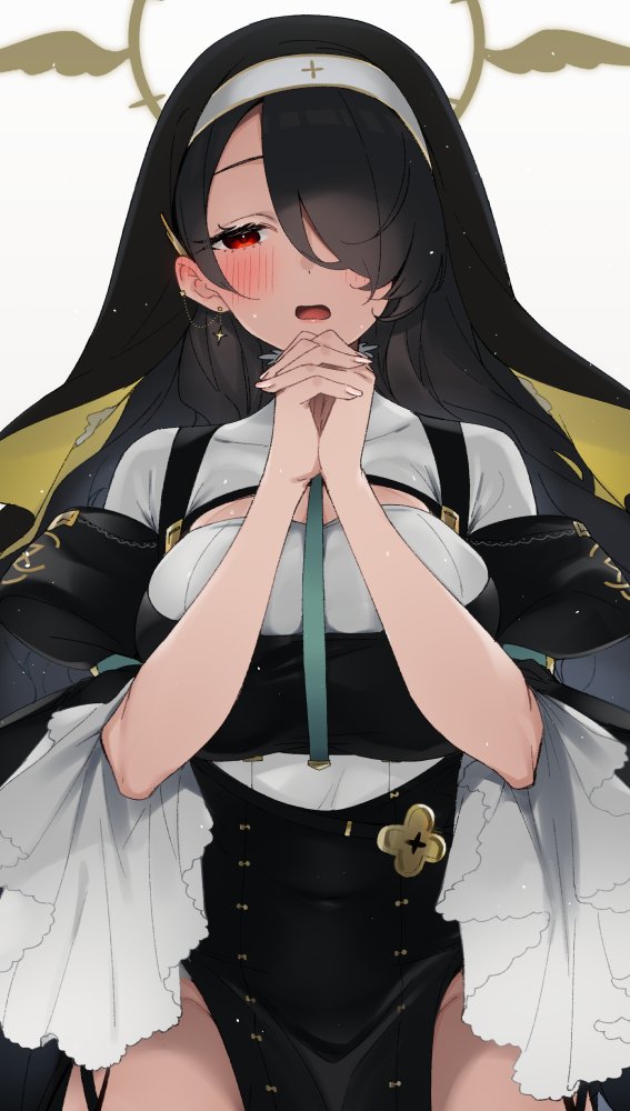 1girl bangs black_hair black_headwear blue_archive blush breasts dress earrings gradient gradient_background habit hair_over_one_eye halo hinata_(blue_archive) jewelry large_breasts long_hair looking_at_viewer nekoume nun own_hands_clasped own_hands_together parted_lips pelvic_curtain red_eyes simple_background solo symbol-only_commentary very_long_hair