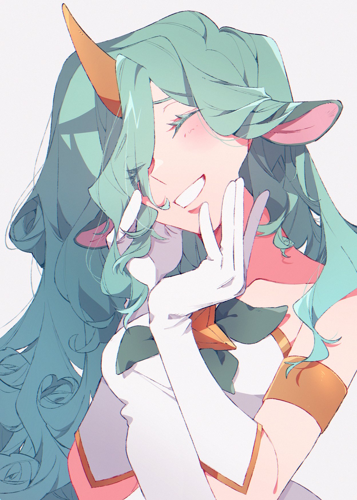 1girl 34_lol7 animal_ears bangs bare_shoulders breasts closed_eyes collarbone cow_ears dress gloves green_hair grin highres horns league_of_legends long_hair medium_breasts shiny shiny_hair single_horn smile soraka_(league_of_legends) star_guardian_(league_of_legends) star_guardian_soraka teeth white_dress white_gloves