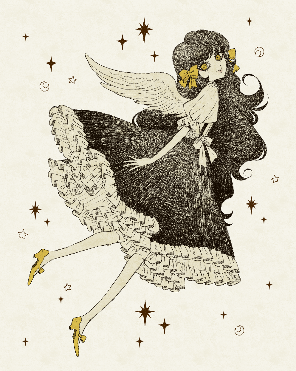 1girl black_hair black_skirt bow eleanor_(ohmyeleanor) enjel full_body hair_bow high_heels highres looking_at_viewer pale_skin pocket_mirror shirt sketch skirt solo star_(symbol) traditional_media white_background white_shirt yellow_bow yellow_eyes yellow_footwear
