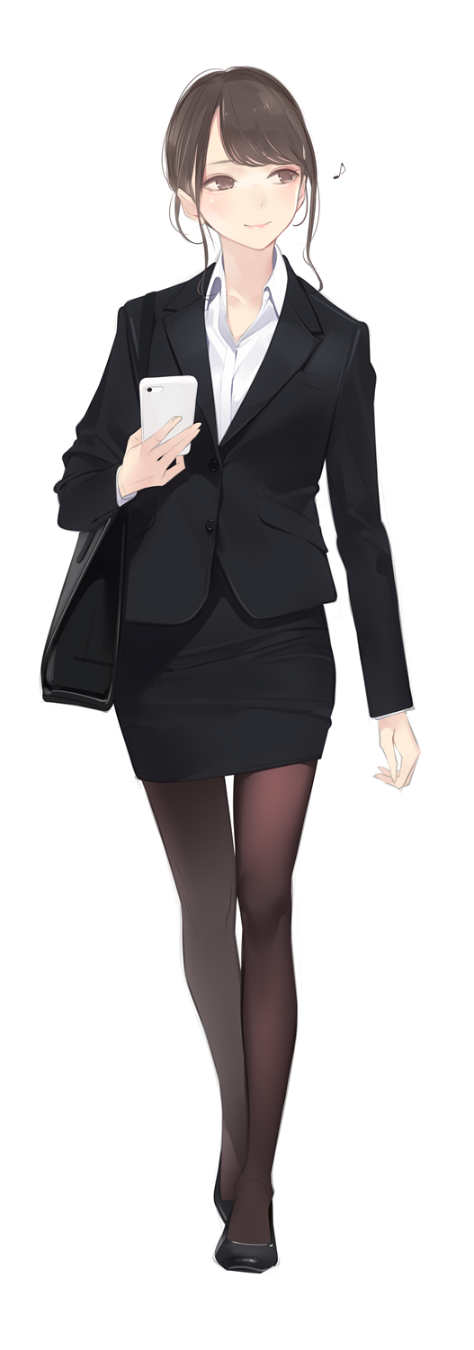 1girl ama_mitsuki arm_at_side bangs black_bag black_footwear black_jacket black_legwear black_skirt brown_eyes brown_hair buttons carrying_bag cellphone closed_mouth collared_shirt commentary dress_shirt formal full_body high_heels highres holding holding_phone jacket long_sleeves looking_away looking_to_the_side miniskirt musical_note office_lady original pantyhose pencil_skirt phone pocket reward_available shirt shoes short_hair simple_background skirt skirt_suit smartphone smile solo standing suit suit_jacket swept_bangs white_background white_shirt wing_collar