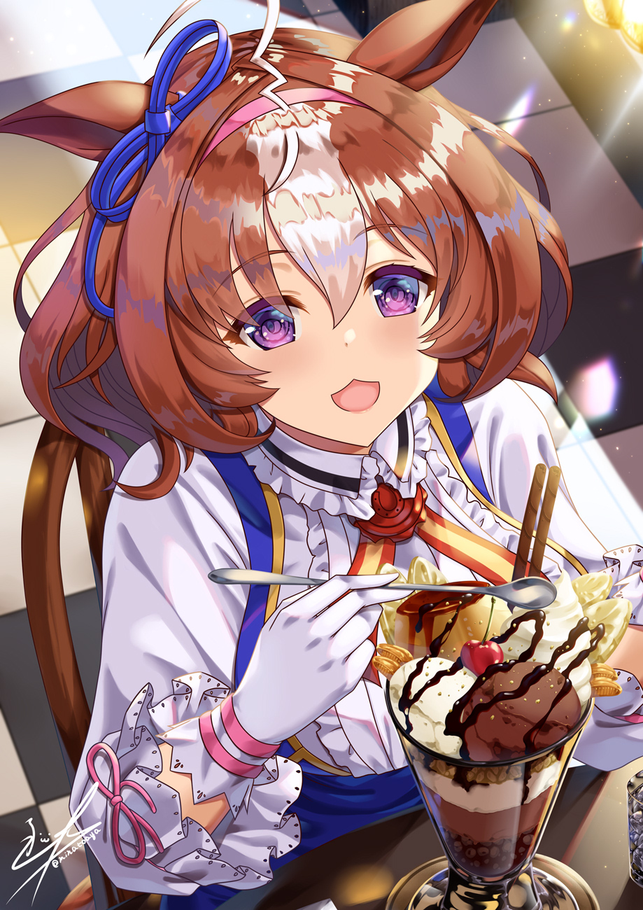 1girl @_@ ahoge animal_ears blue_ribbon brown_hair center_frills cherry collared_shirt dessert dot_nose ear_ribbon eyebrows_visible_through_hair food frills fruit gloves hair_between_eyes hairband highres holding holding_spoon horse_ears horse_girl ice_cream lemon lemon_slice medium_hair meisho_doto_(umamusume) minatoaya multicolored_hair open_mouth parfait pudding ribbon shirt signature smile solo spoon streaked_hair sundae tile_floor tiles twitter_username two-tone_hair umamusume upper_body violet_eyes wafer_stick white_gloves white_hair white_shirt