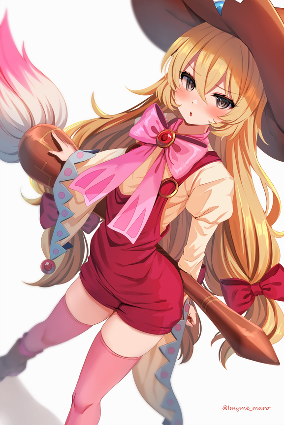 1girl :o beryl_benito black_eyes blonde_hair blush bow bowtie brown_headwear commentary_request eyebrows_visible_through_hair hair_between_eyes hair_bow hat holding holding_paintbrush long_hair long_sleeves looking_at_viewer marota paintbrush pink_bow pink_bowtie pink_legwear red_bow simple_background solo standing tales_of_(series) tales_of_hearts thigh-highs twitter_username white_background witch_hat