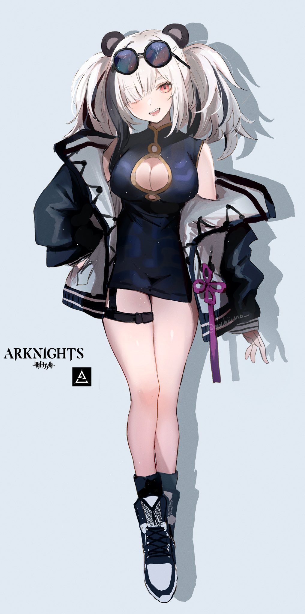 1girl animal_ears arknights breasts china_dress chinese_clothes cleavage_cutout clothing_cutout copyright_name dress eyewear_on_head feater_(arknights) full_body grey_hair highres jacket large_breasts mochii panda_ears red_eyes sunglasses twintails