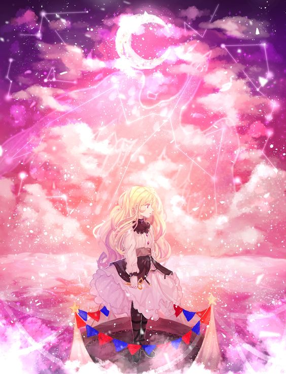 1girl bad_id bad_twitter_id blonde_hair clouds constellation crescent crescent_moon dress hissflower holding holding_weapon lisette_(pocket_mirror) long_hair looking_to_the_side moon multicolored_background pale_skin pink_background pocket_mirror purple_background scissors sky star_(sky) starry_sky violet_eyes weapon