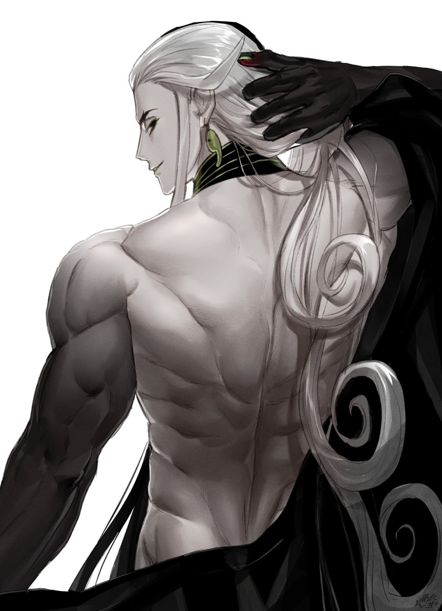 1boy arms_behind_head ashiya_douman_(fate) asymmetrical_hair ayamatazu black_eyes black_hair curly_hair earrings evil_smile eyeshadow fate/grand_order fate_(series) fingernails from_behind green_eyeshadow green_lips green_nails hair_between_eyes hair_intakes highres jewelry long_hair looking_at_viewer looking_back magatama magatama_earrings makeup male_focus multicolored_hair onmyouji sharp_fingernails simple_background smile solo toned toned_male two-tone_hair undressing upper_body very_long_fingernails very_long_hair white_background white_hair