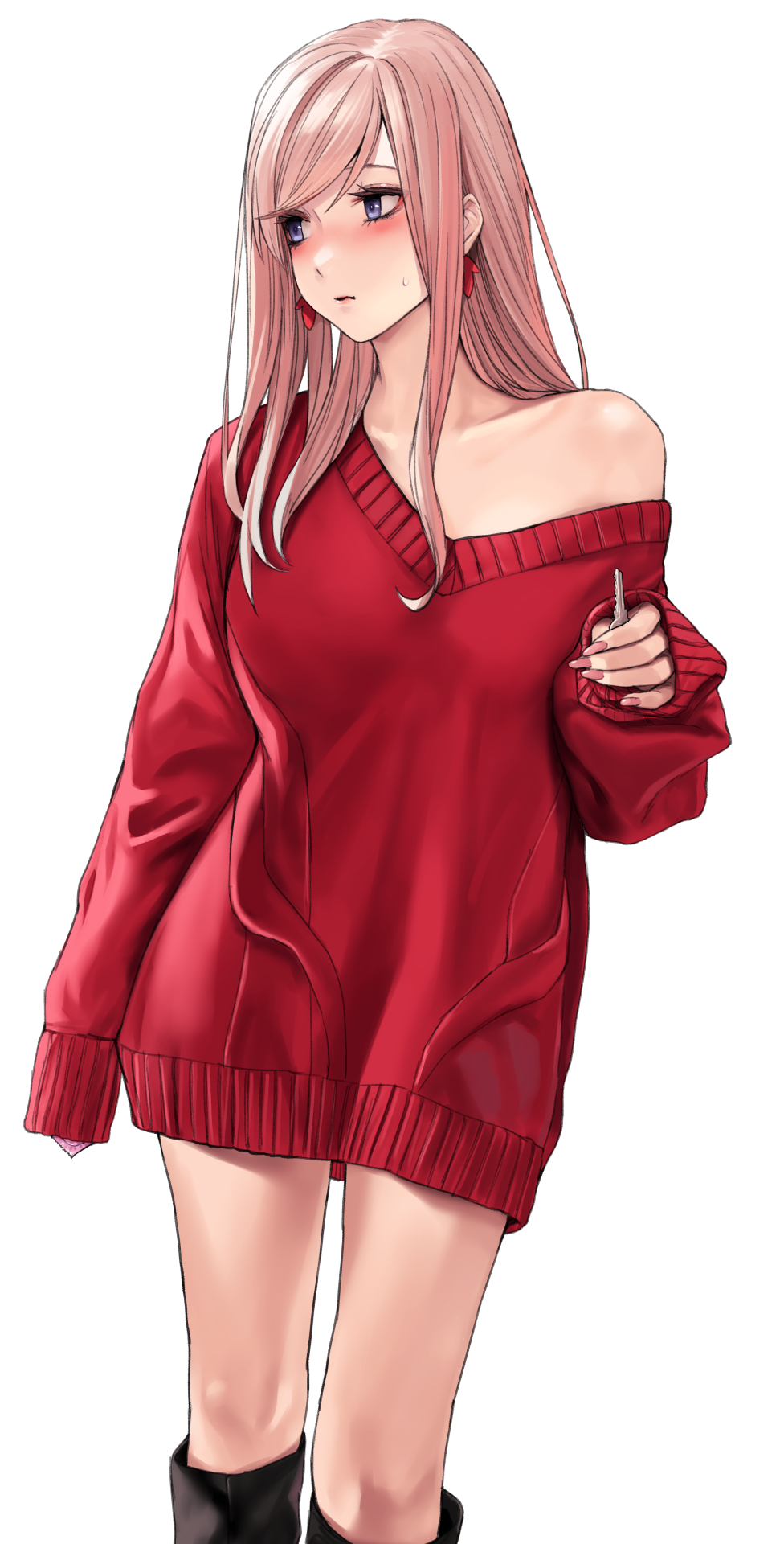 1girl applekun blue_eyes blush boots breasts collarbone earrings fate/grand_order fate_(series) hair_down highres jewelry key looking_to_the_side medium_breasts miyamoto_musashi_(fate) off-shoulder_sweater off_shoulder pink_hair simple_background solo sweater white_background