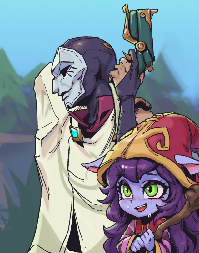 1boy 1girl :d bangs black_bodysuit bodysuit colored_skin day eyebrows_visible_through_hair fang from_side grey_background gun hand_grab hand_up height_difference holding holding_gun holding_weapon jhin league_of_legends long_hair long_sleeves lulu_(league_of_legends) mask open_mouth outdoors phantom_ix_row purple_hair purple_skin red_headwear shiny shiny_hair shirt smile striped striped_shirt sweat teeth tree upper_teeth weapon yordle