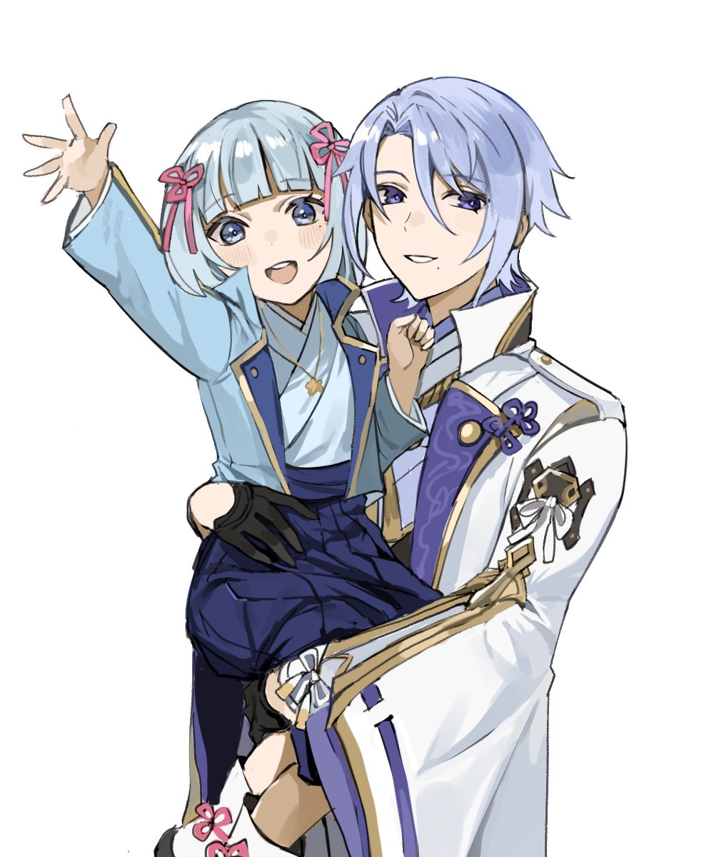 1boy 1girl bangs black_gloves blue_eyes blue_hair blue_hakama blush brother_and_sister carrying child genshin_impact gloves gyoju_(only_arme_nim) hair_ribbon hakama highres japanese_clothes jewelry kamisato_ayaka kamisato_ayato long_sleeves looking_at_viewer mole mole_under_eye mole_under_mouth necklace open_mouth parted_lips pink_ribbon ribbon siblings silver_hair symbol-only_commentary waving wide_sleeves younger