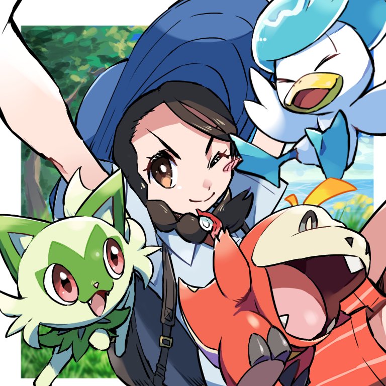 1girl ;) arms_up ayo_(ayosanri009) backpack bag bangs blue_headwear blush_stickers border braid brown_bag brown_eyes brown_hair closed_mouth collared_shirt commentary_request day eyelashes female_protagonist_(pokemon_sv) fuecoco gen_9_pokemon grey_shirt hat long_hair looking_at_viewer one_eye_closed outdoors outside_border pokemon pokemon_(creature) pokemon_(game) pokemon_sv quaxly shirt short_sleeves single_braid smile sprigatito starter_pokemon_trio white_border