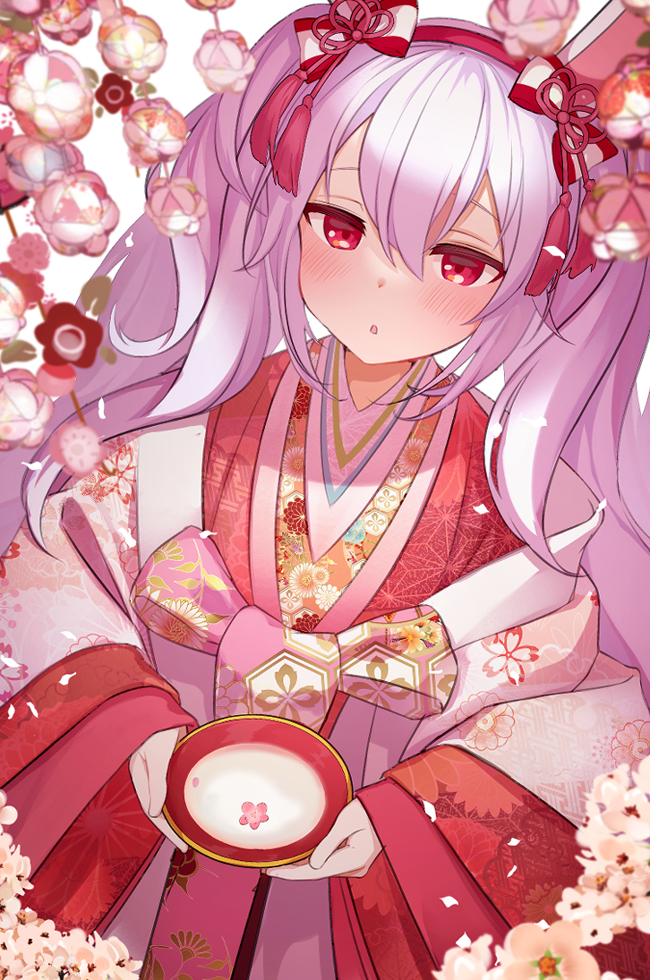 1girl :o animal_ears azur_lane bangs blush branch cherry_blossoms flower hair_between_eyes hairband japanese_clothes kimono kyouya0514 laffey_(azur_lane) long_hair long_sleeves looking_at_viewer petals pink_flower red_eyes red_hairband solo twintails very_long_hair white_hair wide_sleeves