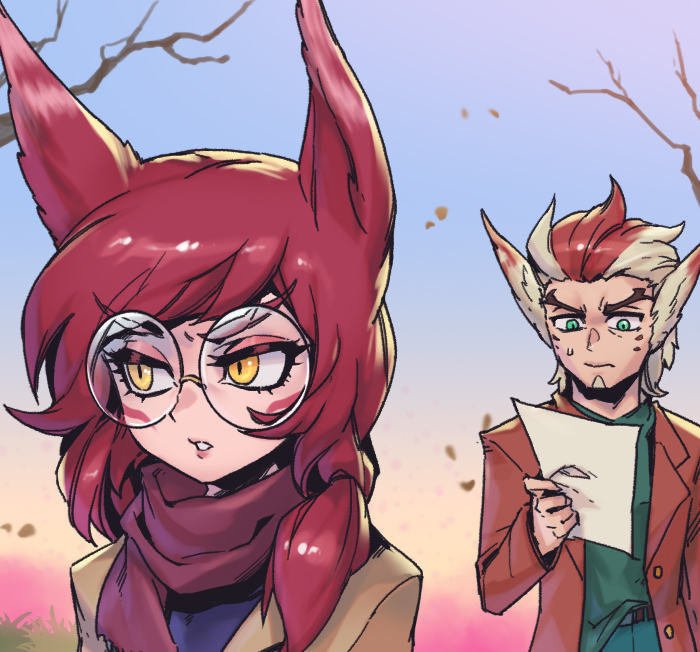 1boy 1girl alternate_costume autumn bare_tree bespectacled blonde_hair brown_jacket glasses green_shirt holding holding_paper jacket league_of_legends long_hair open_clothes open_jacket outdoors pants paper phantom_ix_row rakan_(league_of_legends) red_scarf redhead round_eyewear scarf shirt shirt_half_tucked_in sweatdrop tree xayah
