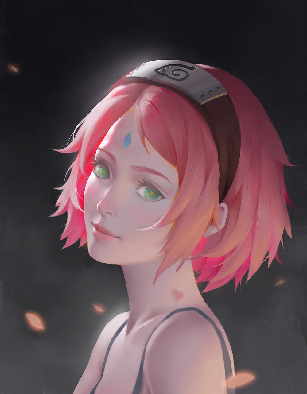 1girl bare_shoulders black_background closed_mouth commentary english_commentary eyelashes facial_mark forehead_mark forehead_protector from_side glowing_petals green_eyes hairband haruno_sakura heart highres jojo_z konohagakure_symbol lips looking_at_viewer looking_to_the_side naruto_(series) naruto_shippuuden petals pink_hair portrait short_hair sleeveless smile solo