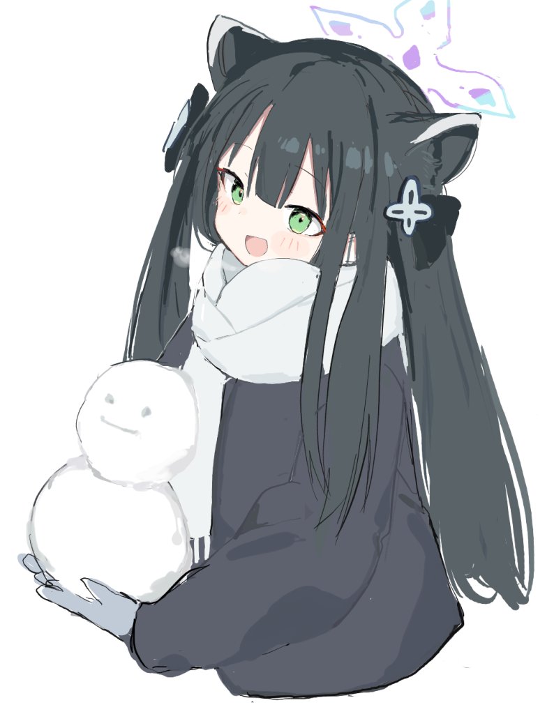1girl animal_ear_fluff animal_ears black_hair blue_archive blush breath cold gloves green_eyes grey_background grey_gloves hair_ornament halo holding holding_snowman long_hair open_mouth sanma_(tabet_) scarf shun_(blue_archive) sketch smile snowman solo twintails white_scarf winter_clothes