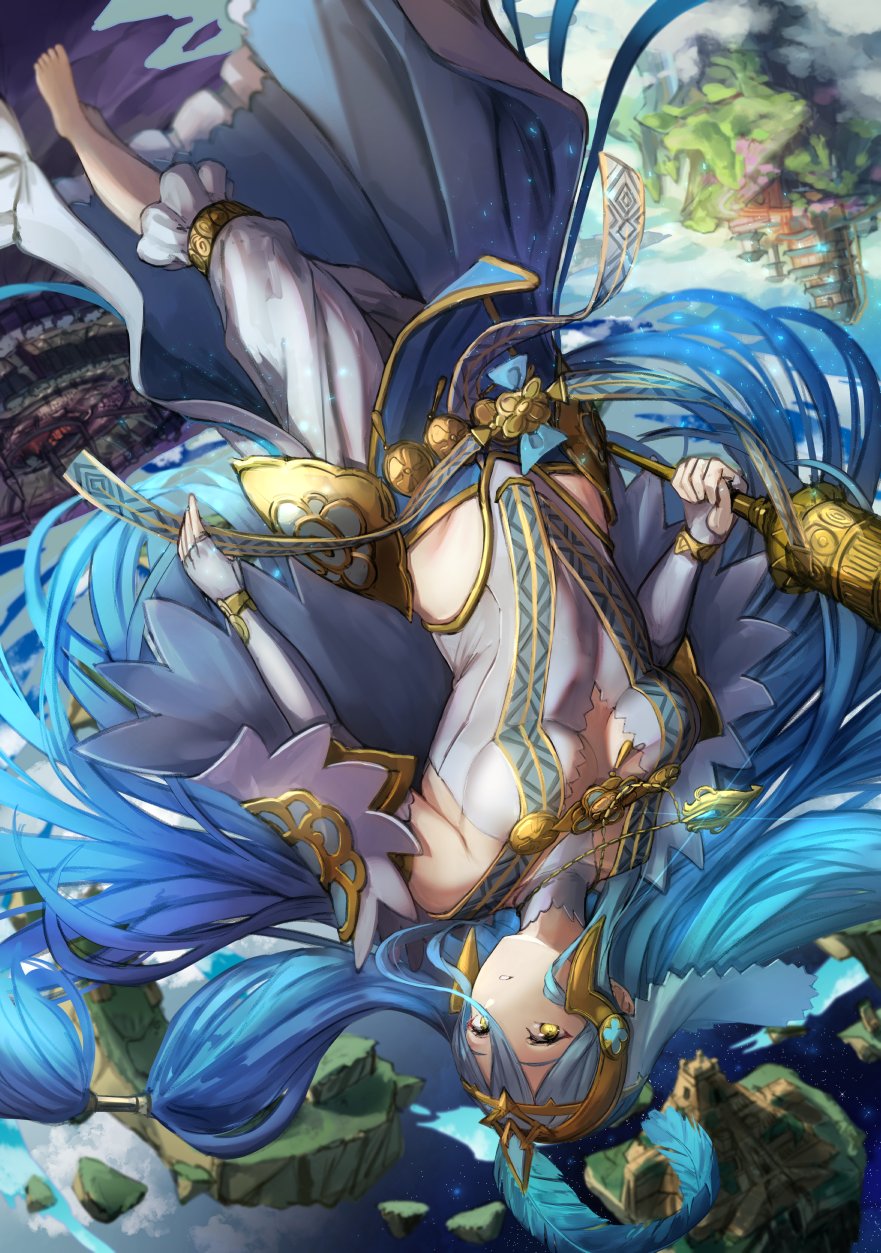 1girl azura_(fire_emblem) blue_hair breasts dress elbow_gloves fingerless_gloves fire_emblem fire_emblem_fates fire_emblem_heroes floating gloves hair_between_eyes highres ippers jewelry long_hair open_mouth solo upside-down veil very_long_hair yellow_eyes
