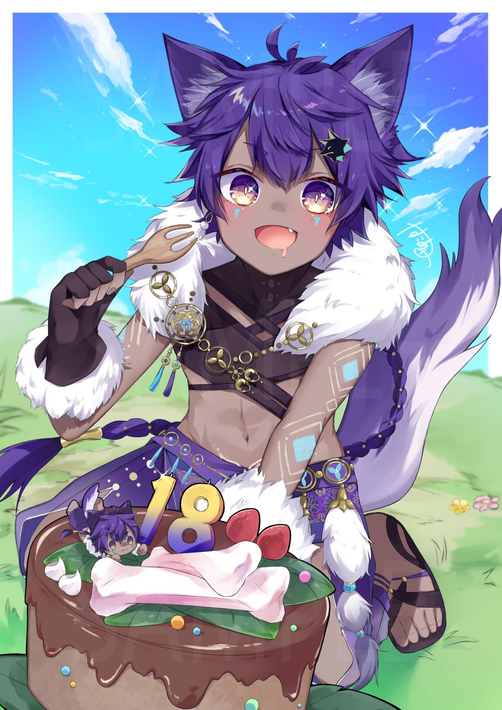 1boy birthday_cake blue_sky cake chocolate_cake commentary_request commission dark-skinned_male dark_skin day facepaint fang fingerless_gloves food fork gloves grass highres looking_at_viewer male_focus midriff navel original purple_hair saliva saliva_trail sandals skeb_commission sky solo violet_eyes yasuko_ame