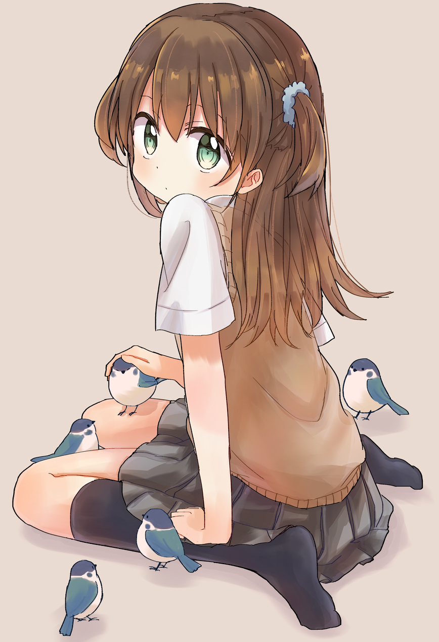 1girl animal bangs beige_sweater bird black_legwear black_skirt blush brown_hair closed_mouth commentary_request dot_mouth dot_nose eyebrows_behind_hair full_body green_eyes hair_between_eyes hair_ornament hair_scrunchie hand_on_animal hand_on_another's_head headpat highres kiri_(hakobato) long_hair looking_at_viewer looking_back no_shoes original pleated_skirt scrunchie shadow shirt short_sleeves simple_background sitting skirt solo two_side_up uniform wariza white_background white_shirt