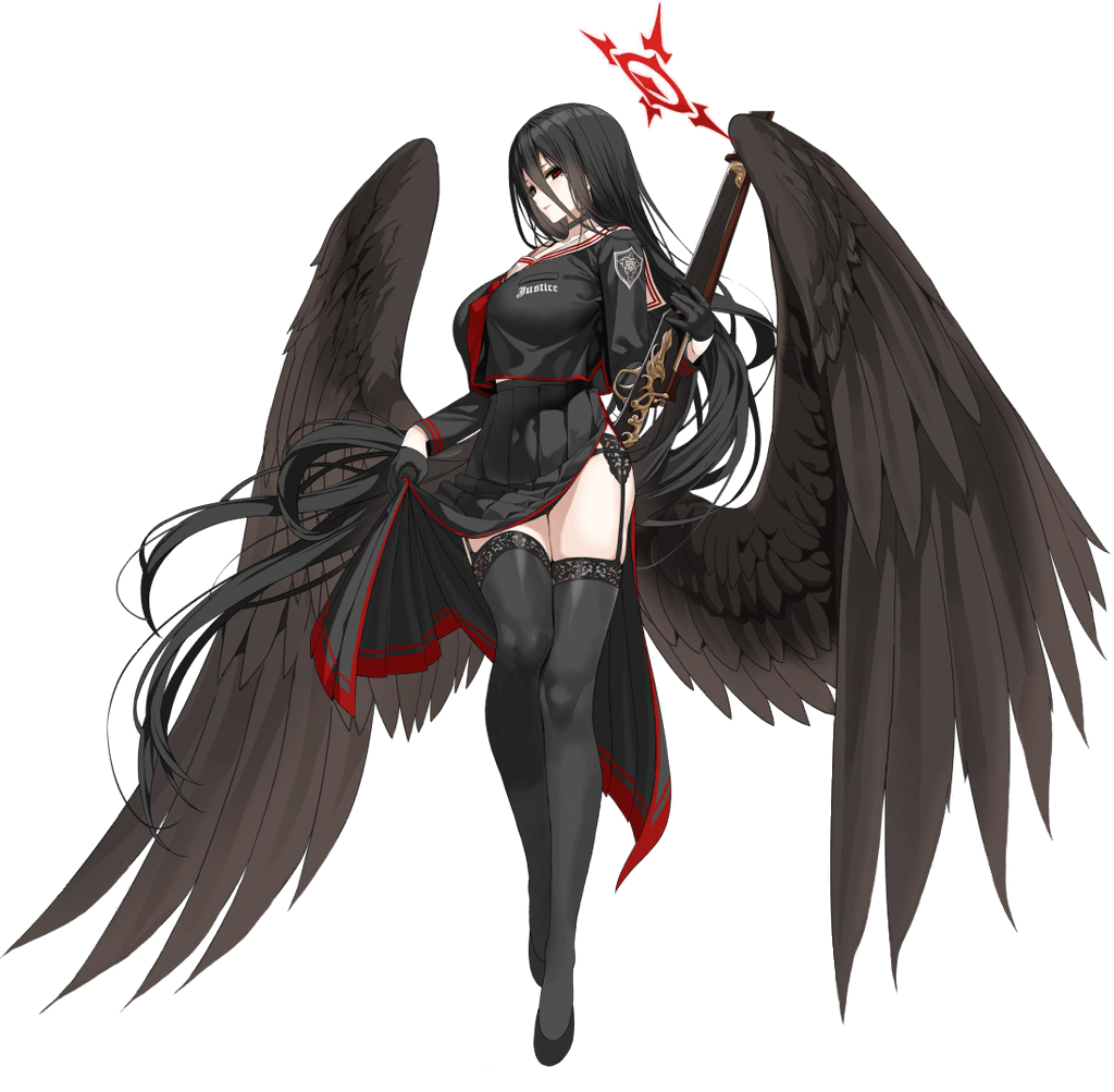 1girl absurdly_long_hair angel_wings black_hair black_legwear black_serafuku black_wings blue_archive bolt_action bow bowtie breasts clothes_lift feathered_wings full_body garter_belt gloves gun half_gloves hasumi_(blue_archive) holding holding_gun holding_weapon lace-up_thighhighs large_breasts long_hair long_skirt mx2j_(nsh6394) official_art p14_enfield red_bow red_bowtie red_eyes rifle school_uniform serafuku skirt skirt_lift solo tall_female thigh-highs transparent_background very_long_hair weapon wings