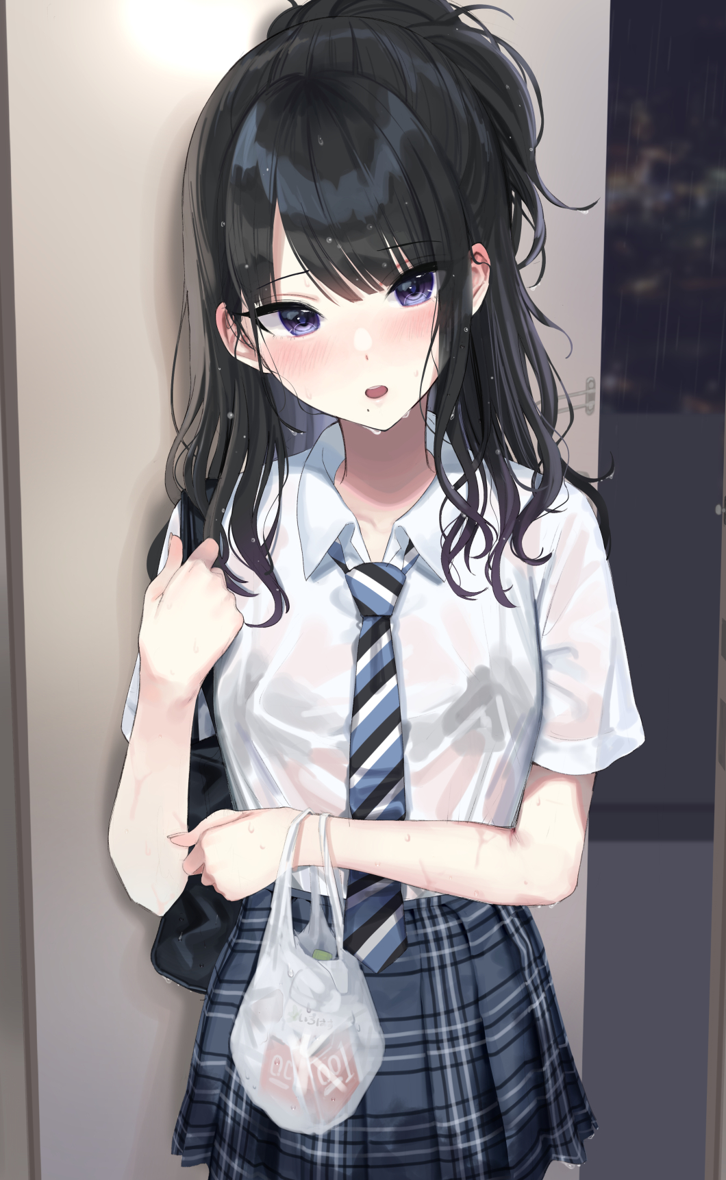 1girl bag bangs black_bag black_bra black_hair blue_eyes blue_skirt blush bra bra_visible_through_clothes carrying_bag commentary_request diagonal-striped_necktie eyebrows_visible_through_hair hand_up highres idolmaster idolmaster_shiny_colors kazano_hiori long_hair looking_at_viewer mirei mole mole_under_mouth open_mouth plastic_bag ponytail round_teeth see-through see-through_shirt shirt shirt_tucked_in short_sleeves skirt solo sweat teeth tsurime underwear upper_teeth wet wet_clothes wet_shirt