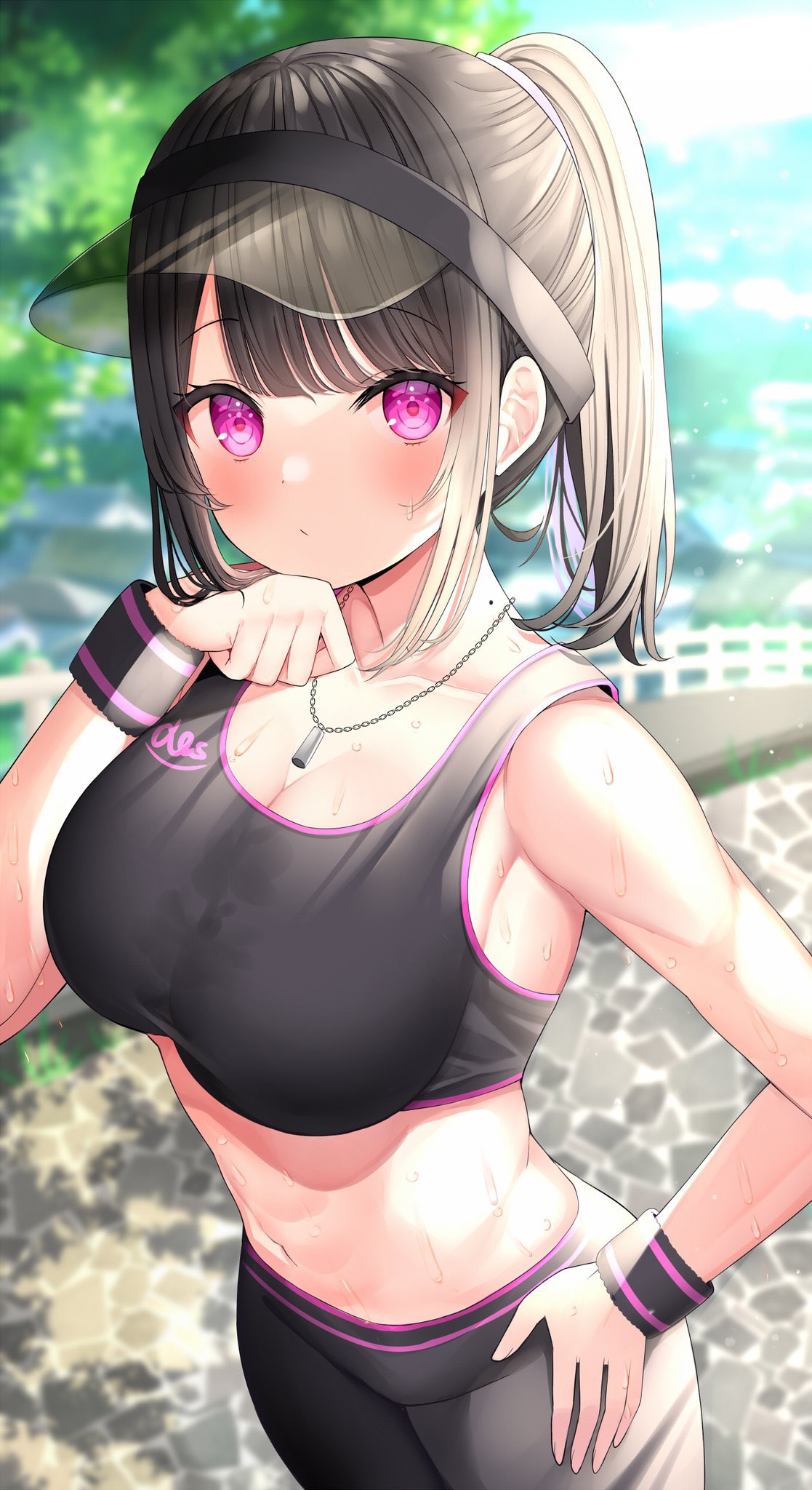 1girl armpits bare_shoulders black_hair black_pants breasts closed_mouth crop_top day hand_up highres jewelry large_breasts long_hair looking_at_viewer midriff mizukoshi_(marumi) navel necklace original outdoors pants pink_eyes ponytail sleeveless solo sports_bra stomach sweat sweatband visor_cap yoga_pants