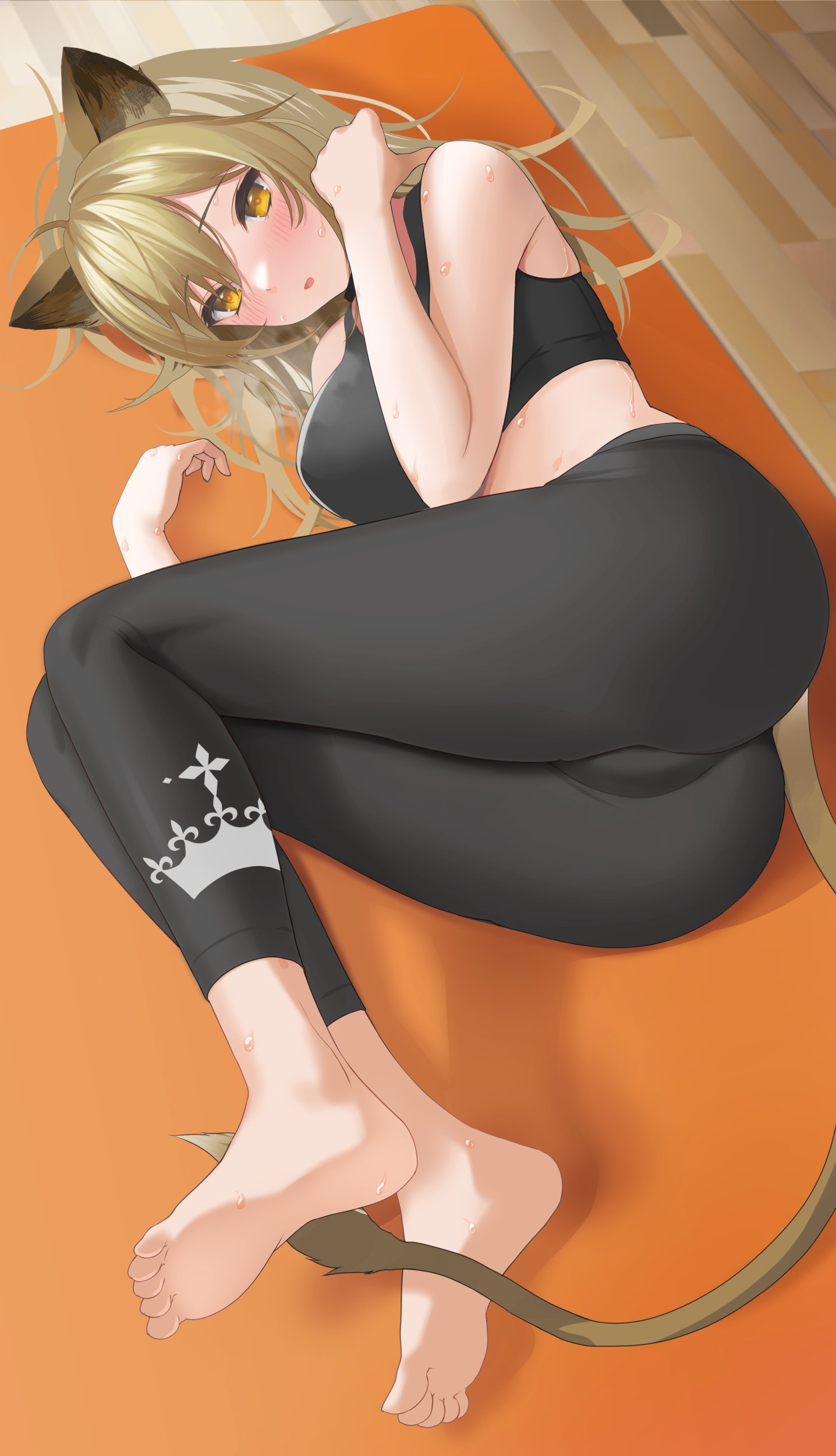 1girl absurdres animal_ears arknights ass bangs bare_shoulders barefoot black_pants black_sports_bra blonde_hair blush breasts commentary eyebrows_visible_through_hair hair_between_eyes hands_up heavy_breathing highres lion_ears lion_tail long_hair looking_at_viewer lying nanam_(nanam_sk) no_shoes on_floor on_side pants parted_lips siege_(arknights) soles solo sports_bra sweat tail yoga_mat yoga_pants