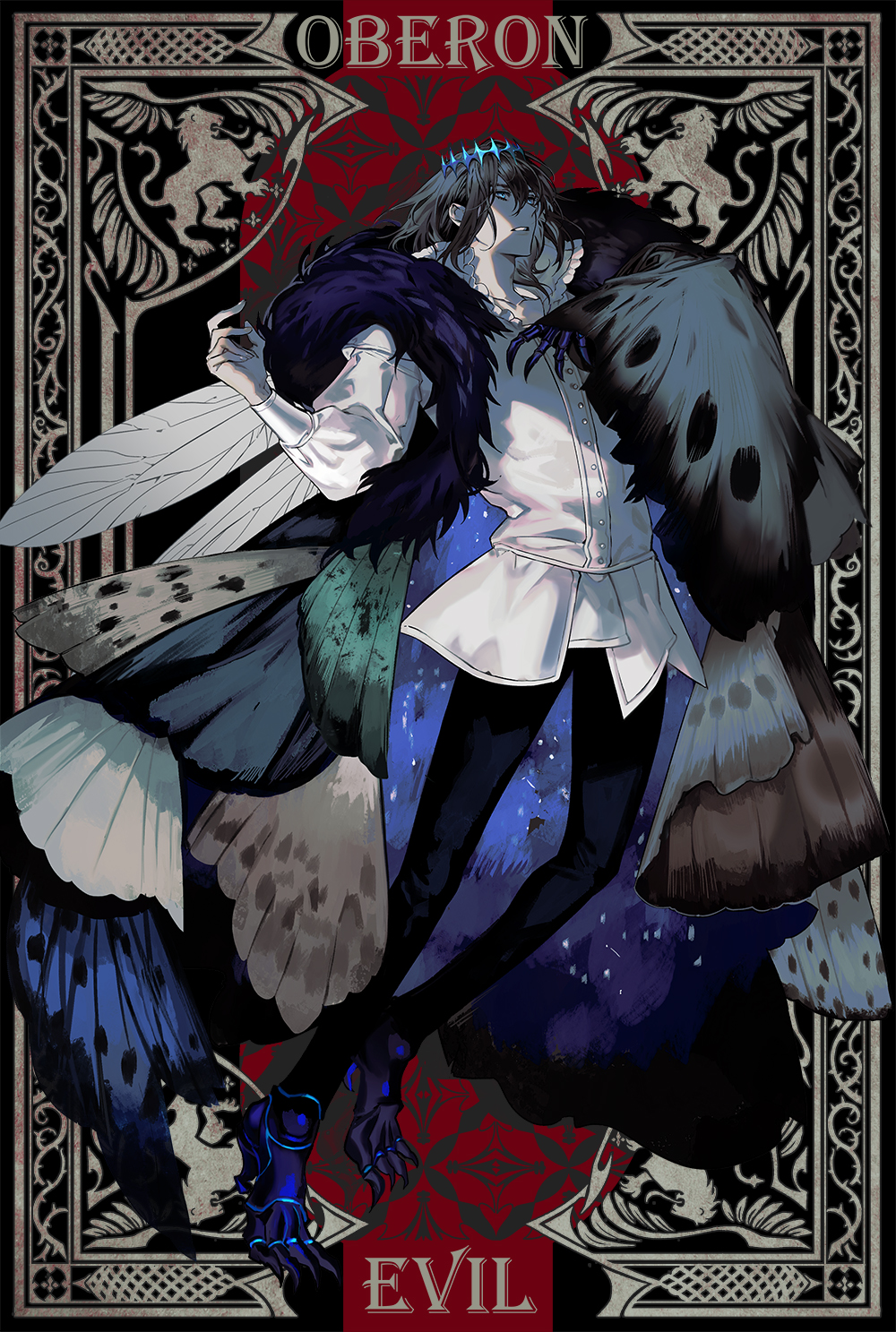 1boy arthropod_boy background_text bangs blue_eyes butterfly_wings cape character_name cloak crown diamond_hairband english_commentary fate/grand_order fate_(series) full_body fur-trimmed_cape fur-trimmed_cloak fur_trim grey_hair highres insect_wings long_hair long_sleeves looking_to_the_side male_focus oberon_(fate) shirt solo spoilers tobi0728 wings