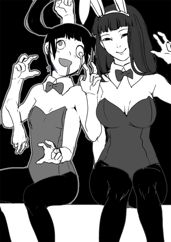 2girls animal_ears asymmetrical_eyes atamaokasii bangs bare_shoulders blunt_bangs breasts closed_mouth detached_collar double_w drooling extra_arms fake_animal_ears greyscale leotard long_hair looking_at_viewer medium_breasts monochrome monoe monoko multiple_girls open_mouth pantyhose playboy_bunny rabbit_ears simple_background sitting small_breasts smile strapless twintails w yume_nikki