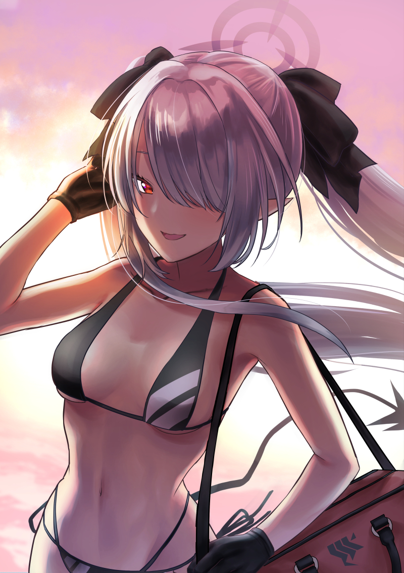 1girl :d aida563 bikini black_bikini black_bow black_gloves black_ribbon blue_archive bow breasts collarbone floating_hair gloves hair_bow hair_over_one_eye hand_in_hair iori_(blue_archive) long_hair multi-strapped_bikini open_mouth pointy_ears red_eyes ribbon shiny shiny_hair side-tie_bikini silver_hair small_breasts smile solo standing swimsuit twintails under_boob very_long_hair