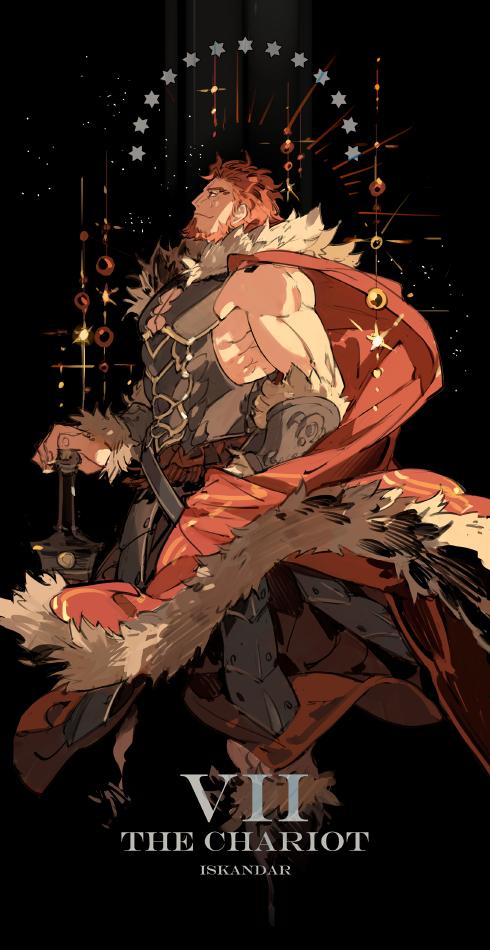 1boy armor background_text beard breastplate cape character_name cleavage_cutout clothing_cutout english_commentary facial_hair fate/zero fate_(series) full_body fur-trimmed_cape fur_trim holding holding_sword holding_weapon iskandar_(fate) leather light_particles light_smile looking_to_the_side male_focus mature_male muscular muscular_male red_cape red_eyes redhead shiny shiny_clothes short_hair solo sparkle star_(symbol) starshadowmagician sword tarot tarot_arcana the_chariot_(tarot) weapon