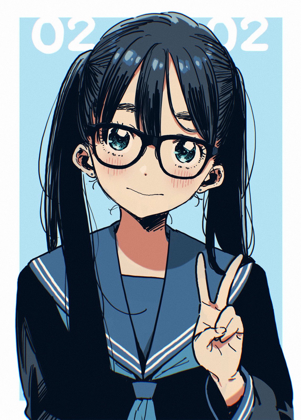 1girl black_hair black_serafuku black_shirt blue_background blue_neckerchief blue_sailor_collar blush border closed_mouth commentary_request dated earrings glasses hand_up highres imigimuru jewelry light_smile long_hair looking_at_viewer neckerchief original sailor_collar school_uniform serafuku shirt simple_background solo stud_earrings twintails twintails_day v white_border