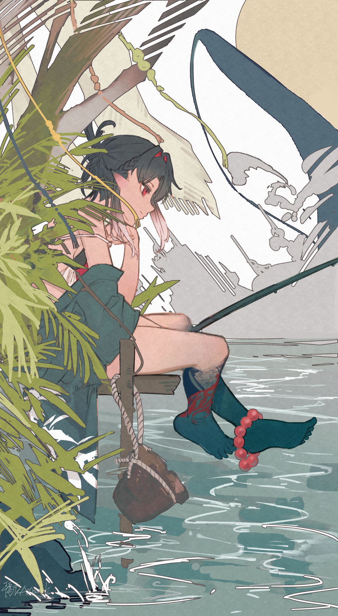 1girl bare_legs barefoot bead_anklet blue_skin braid brown_hair closed_mouth colored_skin commentary_request full_body gradient_skin head_rest highres leaf leg_tattoo original outdoors profile red_eyes short_hair side_braid sitting solo tattoo toes tree water watori_re