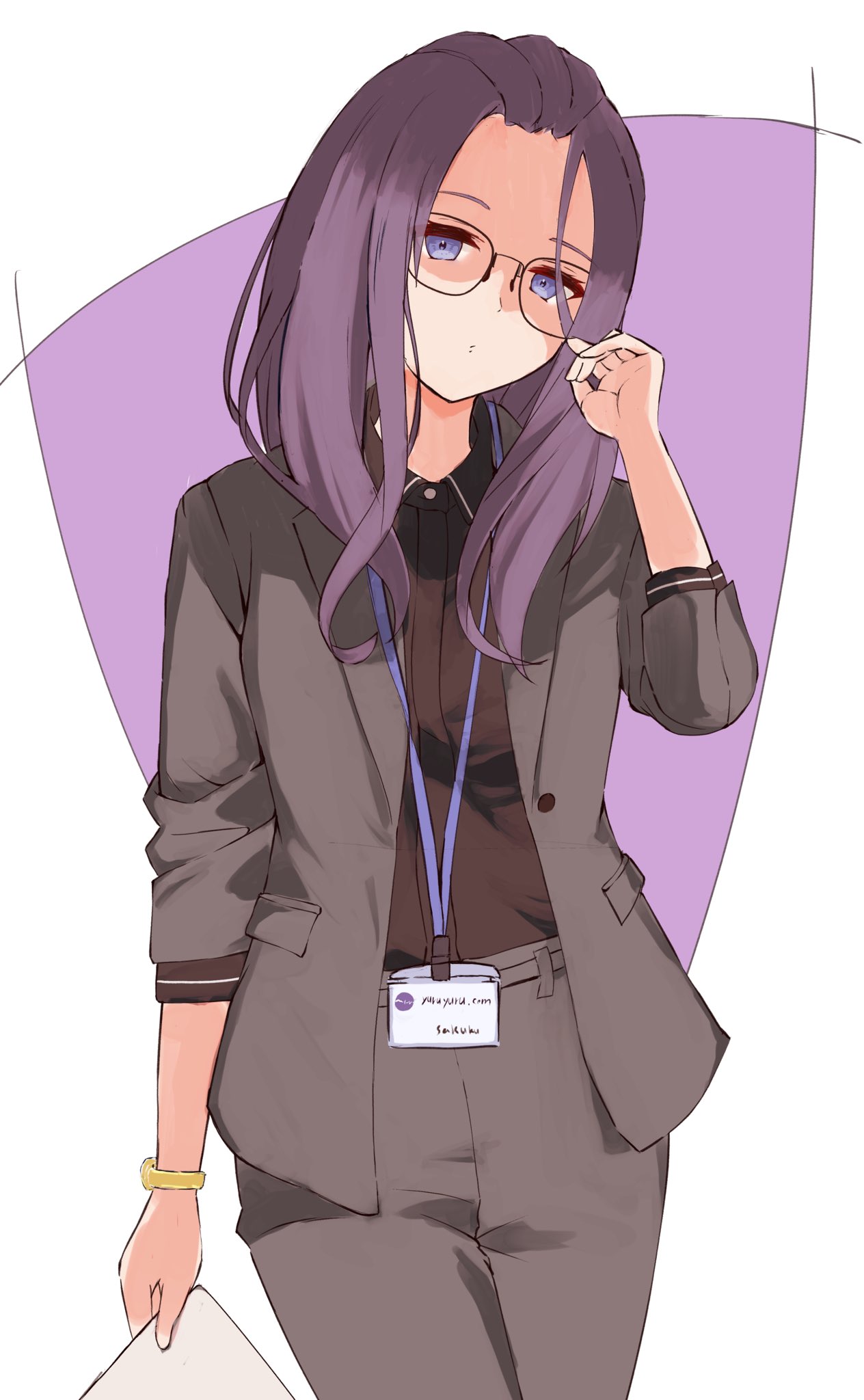 1girl alternate_costume black_pants black_suit blue_eyes closed_mouth collared_shirt file112056 formal glasses hand_up highres holding holding_paper kagamihara_sakura lanyard long_hair looking_at_viewer office_lady pants paper purple_hair shirt shirt_tucked_in simple_background solo standing suit watch yurucamp