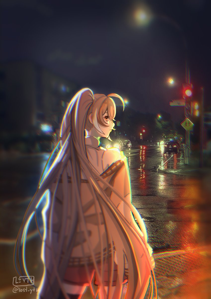 1girl ahoge blurry blurry_background brown_eyes brown_hair brown_hoodie building car chromatic_aberration city_lights crosswalk depth_of_field facing_away ground_vehicle highres hololive hololive_english hood hoodie l_yth lamppost long_hair looking_at_viewer motor_vehicle multicolored_hair nanashi_mumei neon_lights night photo_background ponytail rain red_shorts reflection reflective_water road road_sign shirt shorts sidewalk sign single_thighhigh solo streaked_hair street thigh-highs traffic_light tree very_long_hair virtual_youtuber wet_pavement white_shirt